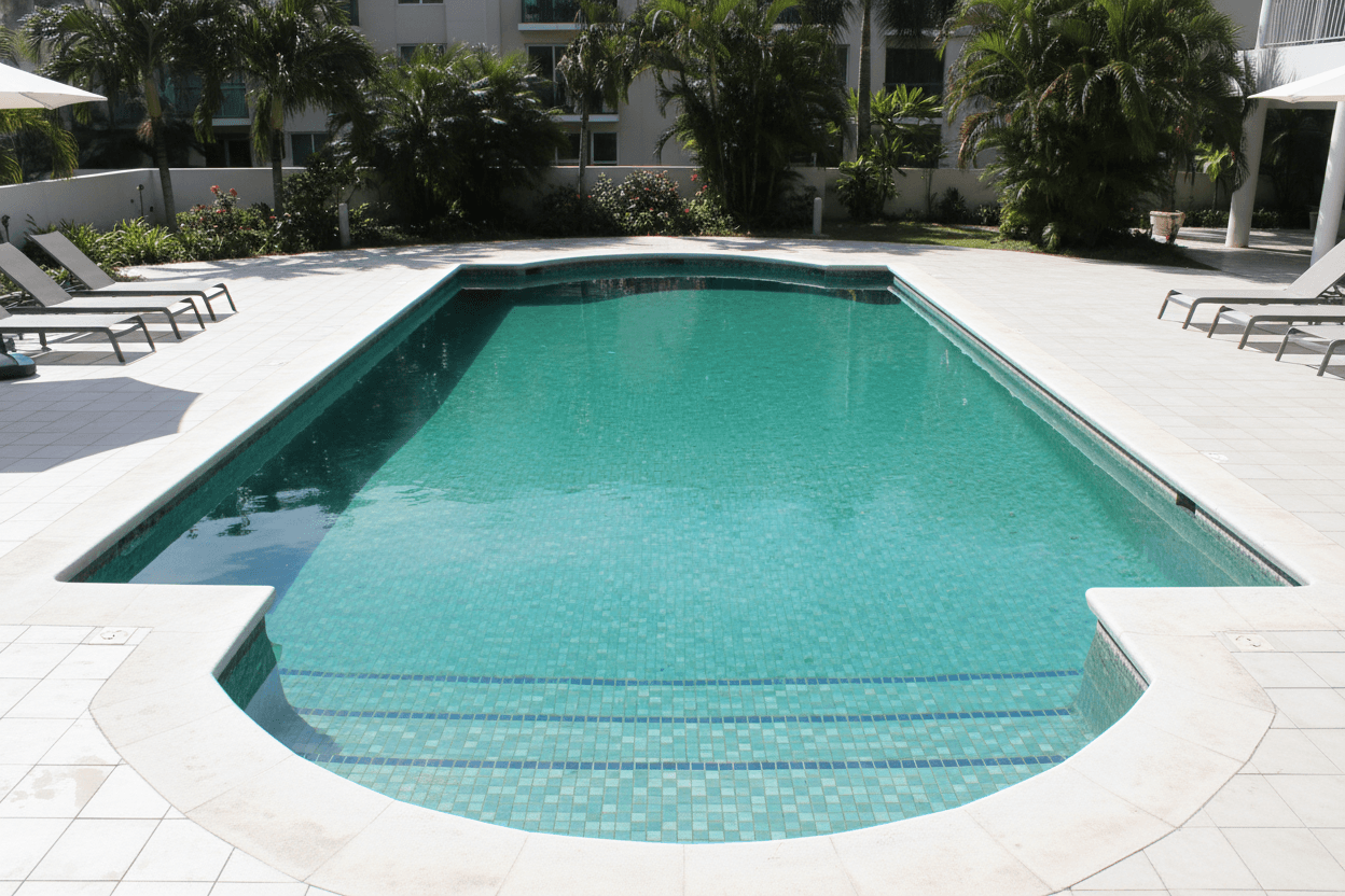 Pool after green pool cleanup service showing crystal clear sparkling blue water ready for swimming