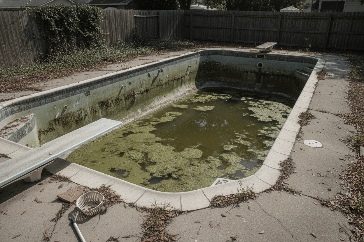 Pool filled with dark green algae-covered water showing severe neglect and contamination