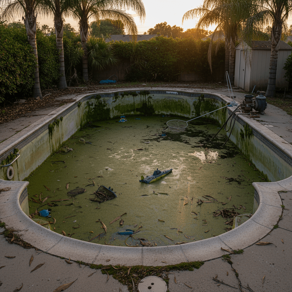 Pool before green pool cleanup - algae filled