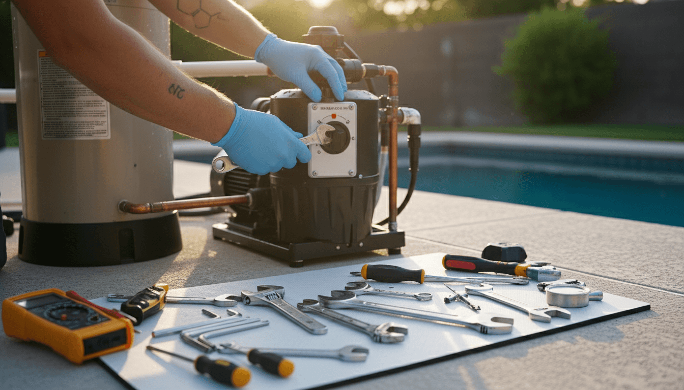 Pool technician performing equipment maintenance