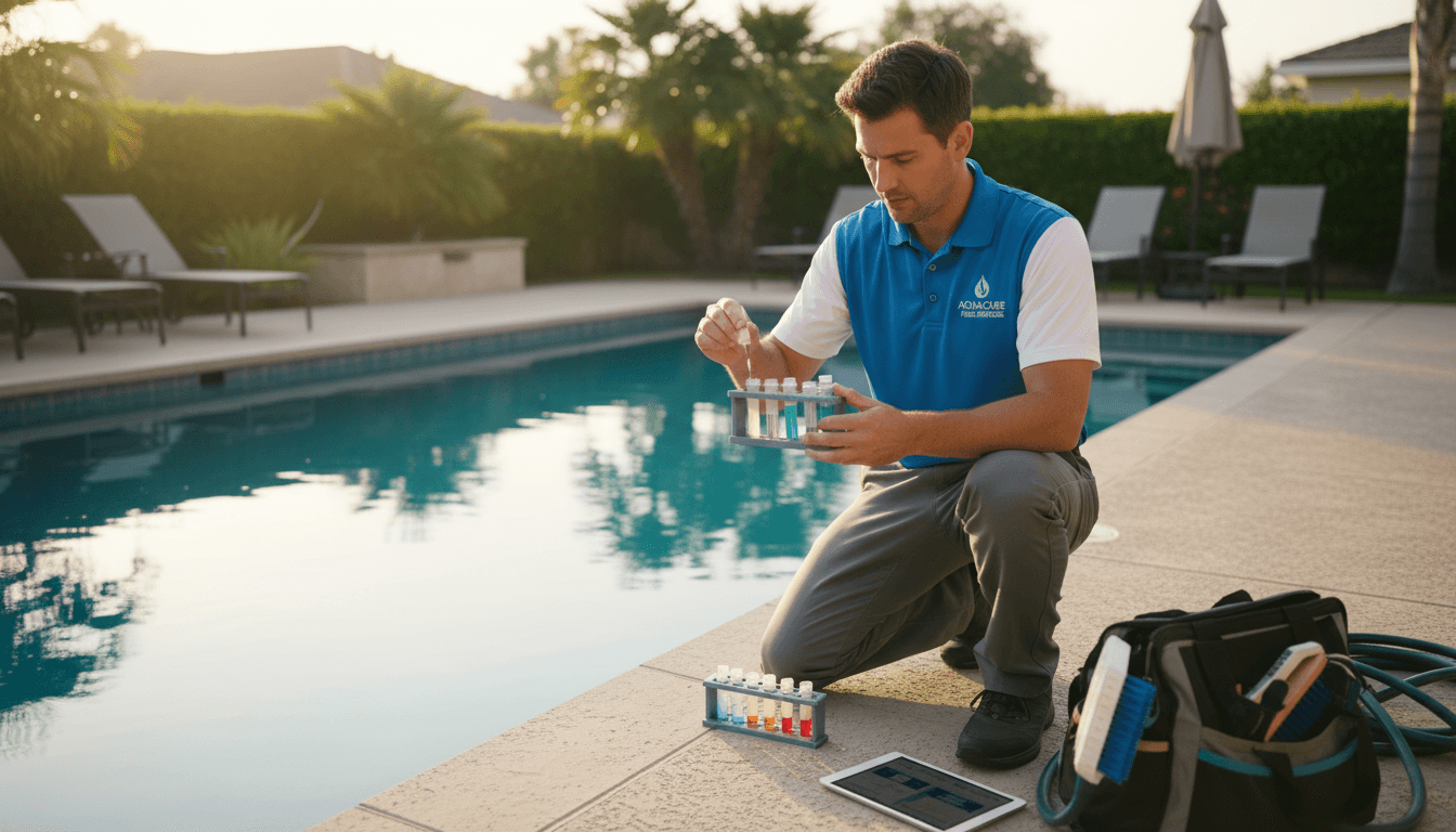 Professional pool technician testing water chemistry